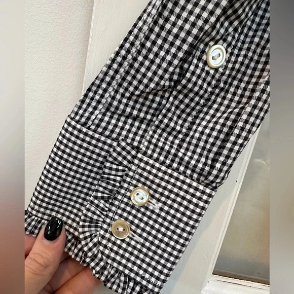 Peter Millar Black White Checkered Button Down Ruffle Collar Sleeve Blouse XS - Picture 3 of 10
